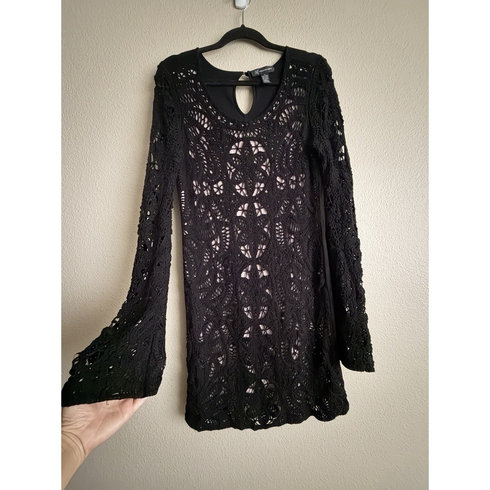 INC Medium Whimsigoth Crochet Mini Dress Witchy Boho Bellsleeves Fairy Grunge